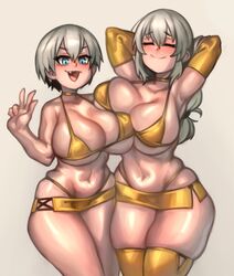 2girls armpits arms_behind_head big_breasts blue_eyes blush choker closed_eyes female female_only glistening glistening_body glistening_skin gloves grey_hair huge_breasts kelvin_hiu large_breasts microskirt miniskirt mother_and_daughter navel oil oiled oiled_body oiled_skin pale-skinned_female pale_skin revealing_clothes short_hair skirt smug symmetrical_docking uzaki-chan_wa_asobitai! uzaki_hana uzaki_tsuki v