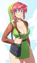 1girl 1girls 2019 a_link_to_the_past adapted_costume bag bare_legs belt big_breasts blue_eyes blue_sky breasts brellom brown_shirt cap_of_the_hero cleavage clothed clothing cloud collarbone commentary contemporary cowboy_shot day dress english_commentary female female_only freckles fully_clothed genderswap genderswap_(mtf) green_dress hair handbag hat hips humanoid humanoid_pointy_ears hylian large_breasts light_smile link link_(shounen_captain) lips looking_aside looking_to_the_side medium_breasts nintendo no_bra outdoors outside pink_hair plunging_neckline pointy_ears purse revealing_clothes rule_63 shirt side_slit sidelocks sky smile solo solo_female standing the_legend_of_zelda the_legend_of_zelda:_a_link_to_the_past thick thick_thighs thighs tunic unbuttoned unbuttoned_shirt video_games wide_hips