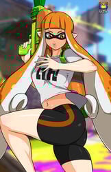ass bike_shorts breasts clothed clothing female inkling kaori_(splatoon) kyoffie long_hair nintendo orange_eyes orange_hair shorts solo splatoon squid tentacle_hair thighs