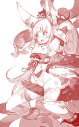 animal_ear_fluff animal_ears armpits arms_up bangs bare_shoulders blunt_bangs blush bondage breasts cat_ears detached_sleeves facial_mark fangs female green_eyes imminent_vaginal long_hair nia nia_(blade) nintendo nipples nurami_shoji open_mouth restrained simple_background small_breasts spoilers spot_color tears tentacle thighhighs very_long_hair white_background xenoblade_(series) xenoblade_chronicles_2