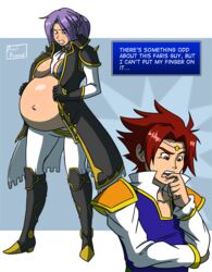 axel-rosered bartz_klauser belly_button big_belly black_jacket breasts brown_hair cleavage english_text faris_scherwiz final_fantasy final_fantasy_five high_heels long_hair oblivious open_clothes open_jacket pauldrons ponytail purple_hair tagme