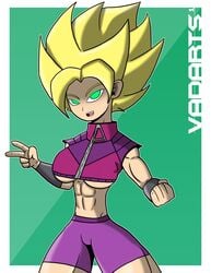 1girls abs alternate_color alternate_eye_color alternate_hair_color alternate_version_available artist_name big_breasts blonde_hair breasts caulifla dragon_ball dragon_ball_super female female_focus female_only green_eyes looking_at_viewer looking_pleasured muscles muscular muscular_female open_mouth purple_shorts saiyan smile smiling smiling_at_viewer sports_bra super_saiyan thick_thighs thighs underboob v v_sign vadarts zipper