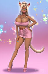 1futa big_breasts big_lips bimbo breast_squeeze breasts cleavage clothed clothing dark_skin dickgirl erection erection_under_clothes final_fantasy final_fantasy_xiv futa_only futanari looking_at_viewer miqo'te mstivoy penis penis_slip solo solo_futa wide_hips