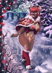 1futa anthro breasts christmas christmas_lights eyewear futanari genitals glasses gynomorph hi_res holidays intersex lovepuma69 mammal opal_(jellydoeopal) penis snow solo solo_futa tree ursid