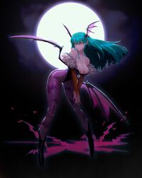 bat_print bat_wings breasts capcom cleavage clothing darkstalkers demon_girl demon_wings female female_only full_moon green_hair head_wings large_breasts leotard long_hair looking_at_viewer morrigan_aensland pantyhose pose solo solo_female succubus very_high_resolution yan_(artist) yellow_eyes