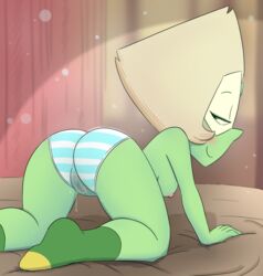 1girls ass bed blue_and_white_panties blush cubedcoconut erect_nipples female female_only glasses green_eyes green_skin looking_at_viewer looking_back nipples nude_female panties peridot_(steven_universe) pussy sideboob smiling socks solo steven_universe striped_panties thighs topless visor wet_panties yellow_hair