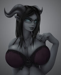 1girls aiila_(impracticalart) big_breasts bra breasts cleavage draenei female female_only glasses impracticalart large_breasts solo world_of_warcraft