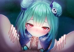 blue_hair censored cum cum_in_mouth double_bun fellatio female fluids hololive hololive_fantasy hololive_japan looking_at_viewer lowres male pov red_eyes straight uruha_rushia virtual_youtuber xwu