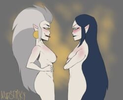 2girls acidsticky blush blushing breasts dark_blue_hair disney disney_channel eda_clawthorne elf_ears embarrassed fang grey_hair lilith_clawthorne multiple_girls naked nipples nude nude_female pale_skin pointy_ears simple_background sisters smooth_skin the_owl_house tits