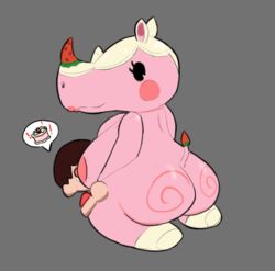 animal_crossing blush cake female male merengue_(animal_crossing) nicechan nintendo pink_skin rhinoceros riding size_difference villager_(animal_crossing)