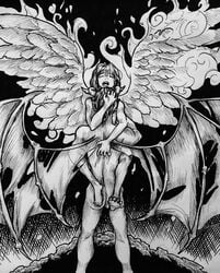 angel angel_wings black_and_white black_background demon demon_wings feathered_wings feathers horns nude sketch torn_wings wings yaoi yaoidrinker