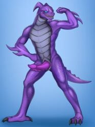 4_toes anisodactyl anthro arm_spikes belly_scales biceps black_claws blue_background blue_eyes claws empty_eyes epic_games erection flexing fortnite full-length_portrait genitals glowing glowing_eyes grin hi_res hybrid_(fortnite) male muscular muscular_anthro muscular_male nude penis portrait pose purple_body purple_penis purple_scales quads redgreendied ridged_penis scales scalie serratus sharp_teeth simple_background smile snout solo solo_male spiked_tail spikes spikes_(anatomy) standing tapering_penis teeth toes triceps vextrum video_games