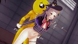 3d animated bottomless female grey_hair hololive hololive_gen_2 hololive_japan koikatsu male murasaki_shion pien straight video virtual_youtuber wanwan_(artist) witch witch_hat yellow_body yellow_eyes