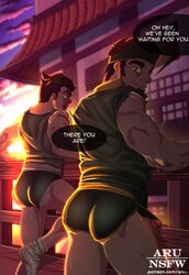 2020 2boys artist_name aru_nsfw ass avatar_legends back back_view bara biceps big_ass bolin brown_hair bubble_ass bubble_butt character_name circumcised clothed clothing color copyright_name cousins dat_ass detailed_background digital_media_(artwork) dirty_socks duo english_text erection eyes family fence gay glans green_eyes green_shirt green_underwear hair headband human human_only looking_at_viewer looking_back male male_focus male_only multiple_boys muscle muscles muscular muscular_male nickelodeon open_mouth outdoors penis penis_out shorts smile smooth_skin socks standing sunset sweat sweating sweaty talking_to_viewer the_legend_of_korra tight_clothing tight_shorts tight_underwear tu_(avatar) uncensored underwear vein veins veiny_penis yaoi