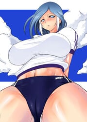 1girls athletic_female bellatrix_(inazuma_eleven) big_breasts blue_eyes cameltoe clouds female female_only hotpants inazuma_eleven inazuma_eleven_(series) isabelle_trick no_bra outdoors shiny_skin simple_background sky small_mouth smooth_skin solo solo_focus sports_uniform tagme_(artist) thick_thighs toned_female urubida view_from_below white_shirt