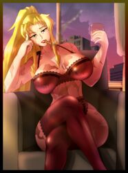 1girls absurdres balalaika big_breasts black_lagoon blonde_hair bra breasts cleavage female female_only highres large_breasts looking_at_viewer solo suketchib