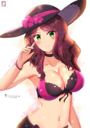 1girls bikini blush brown_hair chinchongcha cleavage collarbone dorothea_arnault dorothea_arnault_(summer) female fire_emblem fire_emblem:_three_houses fire_emblem_heroes green_eyes hat hat_flower long_hair looking_at_viewer midriff nintendo solo sun_hat swimsuit