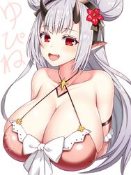 bikini_top cleavage dragon_girl epic7 female hair_ornament horns huge_breasts long_hair red_eyes smiling white_hair yufine_(epic7)