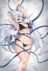 1girls animal_ear_fluff animal_ears arknights armpits arms_above_head arms_up big_breasts bikini bikini_bottom bikini_top black_bikini blue_ribbon blush breasts cat_ears cat_tail catgirl female gappt grey_eyes large_breasts midriff on_bed pramanix_(arknights) ribbon ribbon_bondage silver_eyes silver_hair solo solo_female swimsuit white_hair