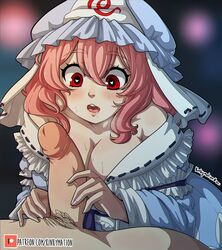 1boy blush breasts cleavage clothed_female_nude_male drooling female hat highres japanese_clothes kimono kinkymation nude open_mouth penis pink_hair pubic_hair red_eyes signature symbol-shaped_pupils touhou triangular_headpiece yuyuko_saigyouji