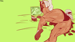 16:9 1girls anthro ass big_butt big_thighs butt cake digital_media_(artwork) eating equid equine feet female female_only food hi_res hips horse looking_back mammal mary_(my_life_with_fel) mizaru muscular muscular_thighs my_life_with_fel ponytail soles solo_female thick_thighs thighs toes wide_hips widescreen