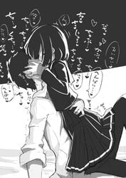 1boy absurdres black_serafuku blush closed_eyes commentary_request female fukutchi heart heart_background highres kissing monochrome original school_uniform serafuku short_hair spoken_heart straddling translated upright_straddle upside-down_kiss