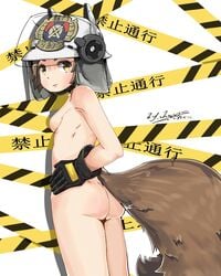 1girls :3 arknights blush brown_eyes brown_hair collarbone firefighter firefighter_helmet firefighter_uniform gloves hard_hat police_tape shaw_(arknights) small_breasts squirrel_tail
