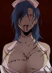 +_+ bad_id bad_pixiv_id blood blood_from_mouth blue_hair breasts cleavage female ganno hair_down hair_over_one_eye hat highres large_breasts long_hair looking_at_viewer nurse nurse_cap red_background red_eyes scar skullgirls solo stitches upper_body valentine_(skullgirls)