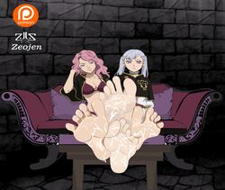 2girls barefoot big_feet black_clover bukkake clothed commission cum cum_on_feet feet feet_together feet_up female female_only foot_fetish foot_focus multiple_girls noelle_silva pink_hair purple_eyes soles toes vanessa_enoteca zeojen