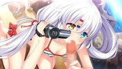 1boy 1girls bikini camera censored fellatio game_cg heterochromia hulotte ikegami_akane kuzunoha_chitose long_hair ore_no_sugata_ga_toumei_ni!?_invisible_to_suuki_na_unmei penis swimsuit twintails white_hair