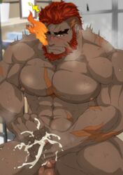 1boy abs absurdres bara beard chest completely_nude cowboy_shot cum ejaculation erection facial_hair flaming_eye h_masahiro hephaestus_(tokyo_afterschool_summoners) highres male male_focus male_masturbation male_only manly masturbation muscle navel nipples nude pectorals penis red_eyes scar short_hair solo testicles thick_eyebrows thick_thighs thighs tokyo_afterschool_summoners tokyo_houkago_summoners