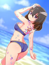 1girls 505_games artplay beach bikini bloodstained:_ritual_of_the_night blue_eyes brown_hair cougar1404 dat_ass female_only gradient_hair hair_ornament inti_creates large_breasts light_skin long_hair looking_at_viewer looking_back miriam_(bloodstained) summer tattoo tiara