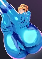 1girls ass ass_focus big_ass blonde_hair blue_eyes bottom_heavy female large_ass long_hair looking_at_viewer looking_down metroid nintendo ponytail samus_aran thick_thighs thighs volyz zero_suit zero_suit_samus