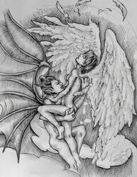 2boys angel angel_boy ass ass_grab demon demon_tongue devil devil_boy embrace fictional_interracial gay horns incubus male male/male male_on_male male_only nude pleasure_face pleasured torn_wings yaoidrinker