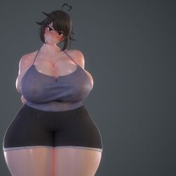 1girls 2022 3d 3d_(artwork) ahoge big_breasts black_hair blush cleavage curvy_figure gigantic_breasts grey_background head_tilt heart-shaped_ahoge huge_breasts hyper_breasts lili_(littlej/zi19191) littlej_(zi19191) oc original_character pale-skinned_female red_highlights shorts tank_top thick_thighs usukeninja wide_hips