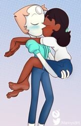 2girls age_difference blush connie_maheswaran dark-skinned_female female female_only gem_(species) happy_female interracial interracial_yuri interspecies kissing lesbian lifting_person mannysdirt multiple_girls pearl_(gem) pearl_(steven_universe) steven_universe straight_hair white_skin wholesome yuri