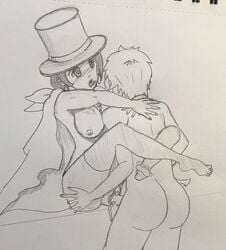 1boy 1girls female gyakuten_saiban male monochrome naruhodou_minuki sex sketch traditional_media_(artwork) trucy_wright vaginal_penetration