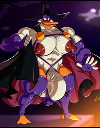 abs absurd_res anatid anseriform anthro armwear avian balls barely_contained big_balls big_nipples big_pecs big_penis bird black_bars bobthetanuki body_hair button_(fastener) cape chest_hair clothed clothing cloud curved_penis darkwing_duck disney duck elbow_gloves erect_nipples erection feet fingerless_gloves fur genitals gloves hair hairy_balls halloween halloween_costume handwear hat headgear headwear hi_res holidays huge_cock huge_nipples huge_pecs huge_thighs humanoid jim_starling legwear letterbox light looking_down male male_nipples male_only mask membrane_(anatomy) moon moonlight multicolored_body muscular muscular_anthro muscular_arms muscular_legs muscular_male muscular_thighs night orange_body orange_skin outdoors partially_clothed pecs penis pubes purple_mask signature solo standing straps testicles thick_thighs thigh_highs vein veiny_penis webbed_feet white_body white_fur witch_hat