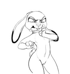 2020 anthro buckteeth dipstick_ears disgust disney female flat_chest flat_chested genitals judy_hopps lagomorph leporid mammal monochrome multicolored_ears navel open_mouth portrait pussy rabbit simple_background solo spoof_(artist) standing teeth three-quarter_portrait tongue white_background zootopia