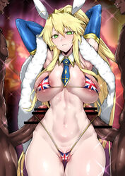 1girls 2boys absurdres animal_ears areola_slip areolae arm_stockings armpits arms_behind_head artoria_pendragon artoria_pendragon_(lancer) artoria_pendragon_(swimsuit_ruler) bar_censor big_penis bikini blonde_hair blue_gloves breast_squeeze breasts bunny_ears censored clothed_female_nude_male crown curvy dark-skinned_male dark_skin detached_collar elbow_gloves erection fate/grand_order fate_(series) feather_boa female gggg gloves green_eyes grin highres interracial large_breasts long_hair looking_at_viewer micro_bikini multiple_boys navel necktie nude partially_visible_vulva penis penis_rub ponytail pussy_peek shaved_pussy side-tie_bikini smile swimsuit thick_thighs union_jack union_jack_bikini veiny_penis