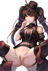 absurdres anus ass bare_shoulders black_dress black_hair black_headwear black_legwear breasts censored center_opening detached_sleeves dress female garter_straps gothic_lolita hand_up hat highres kie_(wylee2212) lily_bloomerchen lolita_fashion long_hair medium_breasts mosaic_censoring navel no_panties orange_eyes parted_lips pussy revealing_clothes simple_background solo soul_worker spread_legs tentacle thighhighs thighs top_hat twintails white_background