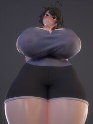 1girls 2022 3d 3d_(artwork) ahoge big_breasts black_hair blush cleavage curvy_figure gigantic_breasts grey_background head_tilt heart-shaped_ahoge huge_breasts hyper_breasts lili_(littlej/zi19191) littlej_(zi19191) oc original_character pale-skinned_female red_highlights shorts tank_top thick_thighs usukeninja viewed_from_below wide_hips