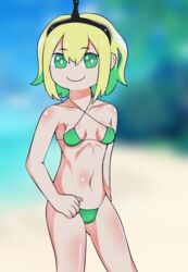 amano_pikamee beach bikini blonde_hair green_eyes green_hair swimsuit virtual_youtuber voms_project