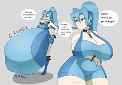 angry ass_expansion ass_growth big_breasts blue_hair breast_expansion breast_growth clair_(pokemon) cleavage clothing digestion digestion_noises earrings english_text female gloves hands_on_belly hands_on_hips high_heels huge_breasts latex_suit navel nintendo nomopolitainia pokemon pokemon_gsc ponytail same_size_vore smaller_pred smiling text thick_thighs thigh_expansion vore vore_belly weight_conscious weight_gain wide_hips