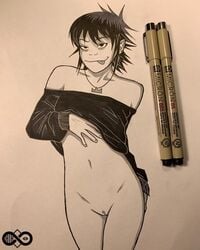 belly belly_button bottomless collarbone gorillaz hand_on_ass hand_on_belly harrisartz messy_hair necklace noodle_(gorillaz) shoulders smile thighs tongue_out undressing vagina