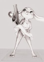 3_toes 4_fingers ambiguous_gender ambiguous_species anthro barefoot chest_tuft clothed clothing disney dress duo female female/ambiguous finger_claws fingers flat_chested fuchs genitals hand_holding hi_res judy_hopps lagomorph leporid looking_aside mammal monochrome no_underwear pussy rabbit simple_background size_difference sketch smaller_female standing toes traditional_media_(artwork) tuft wind_lift zootopia