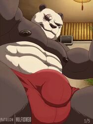 2020 3:4 abs animated anthro barazoku beastars big_bulge big_muscles black_fur breathing bulge clothing flaccid fur gay genital_outline genitals giant_panda gouhin inside looking_at_viewer loop male male_only mammal muscular muscular_anthro muscular_male navel nipples panda pecs penis penis_outline red_underwear scar short_playtime solo underwear ursid white_fur wulfusweid