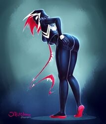 1girls alien ass black_body breasts claws fangs female genitals gwen_stacy gwenom humanoid marvel multicolored_body pussy she-venom simple_background smutbase solo spider-gwen symbiote tongue tongue_out two_tone_body venom venom_(marvel) white_body white_eyes