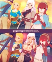 1boy 2koma 3d 3girls biting_finger blood_moon breasts breath_of_the_wild clothed corruption english_text exposed_breasts female glowing_eyes hylian imminent_rape link link_(breath_of_the_wild) lust male mipha multiple_girls nipples oblivious outdoors partially_clothed paya_(the_legend_of_zelda) possession princess_zelda puppet_zelda red_moon sheikah sky text the_legend_of_zelda witchanon zelda_(breath_of_the_wild) zora