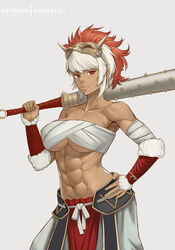 1girls abs areolae bare_midriff chest_sarashi cleavage club_(weapon) collarbone dakkalot dark-skinned_female dark_skin female female_only fire_emblem fire_emblem_fates hand_on_hip large_breasts looking_at_viewer mask midriff muscular muscular_female nintendo red_eyes rinkah_(fire_emblem) sarashi short_hair solo underboob weapon white_hair